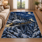 Winter Night Train Rug in a bright living room with a sofa