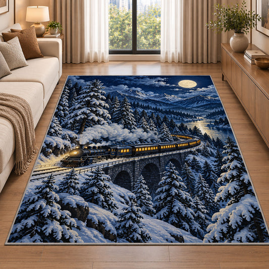 Winter Night Train Rug in a bright living room with a sofa