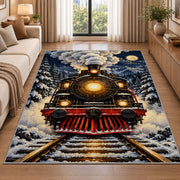 Steam Locomotive Front View Rug in a bright living room with a sofa
