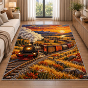 Freight Train Sunset Rug in a bright living room with a sofa