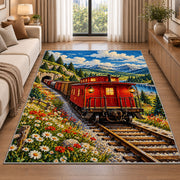 Red Caboose Rug in a bright living room with a sofa