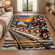 Railroad Crossing Rug in a bright living room with a sofa