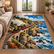 Coastal Train Rug in a bright living room with a sofa
