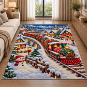 Christmas Village Train Rug in a bright living room with a sofa