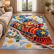 Teddy Bear Train Rug in a bright living room with a sofa