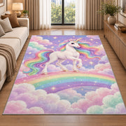 white unicorn on a rainbow rug in a bright living room with a sofa