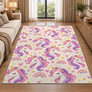 unicorn heads pattern with rainbows rug in a bright living room with a sofa