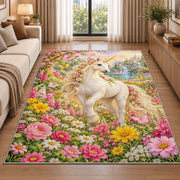 unicorn in a flower garden rug in a bright living room with a sofa