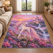 unicorn before a fairytale castle rug in a bright living room with a sofa