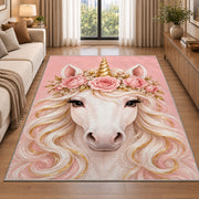 unicorn face with flower crown rug in a bright living room with a sofa
