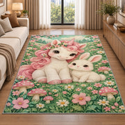 baby unicorn and bunny friend rug in a bright living room with a sofa