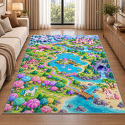 unicorn land map rug in a bright living room with a sofa