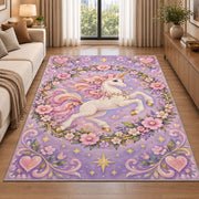 leaping unicorn in a floral wreath rug in a bright living room with a sofa