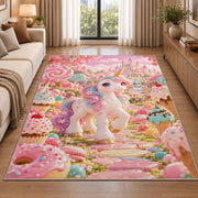 unicorn in a candy garden rug in a bright living room with a sofa
