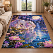 unicorn drinking at a moonlit lake rug in a bright living room with a sofa