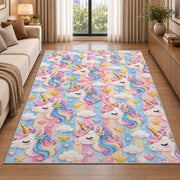 unicorn heads and stars pattern on pastel stripes rug in a bright living room with a sofa