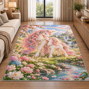 mother and baby unicorn rug in a bright living room with a sofa