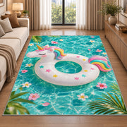 unicorn pool float rug in a bright living room with a sofa