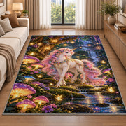 unicorn in an enchanted forest rug in a bright living room with a sofa