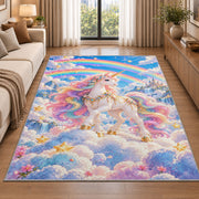 unicorn on clouds with double rainbow rug in a bright living room with a sofa