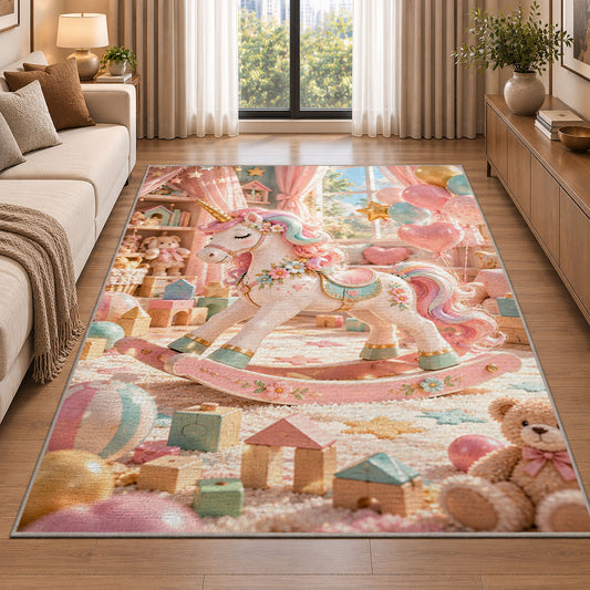 unicorn rocking horse in a playroom rug in a bright living room with a sofa