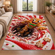 A cheerful gingerbread figure with a green bow pops out of a bold peppermint spiral; rug shown in a neutral entryway with size label