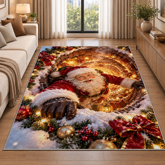 Santa stretches a dark-gloved hand through a glowing golden spiral above snowy evergreen branches; rug shown in a neutral entryway with size label