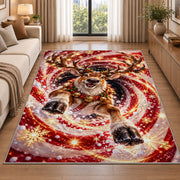 A smiling reindeer with a bell collar emerges from sweeping red and golden spiral rings; rug shown in a neutral entryway with size label