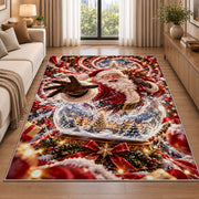Santa reaches out from a sparkling snow globe containing a miniature snowy village; rug shown in a neutral entryway with size label