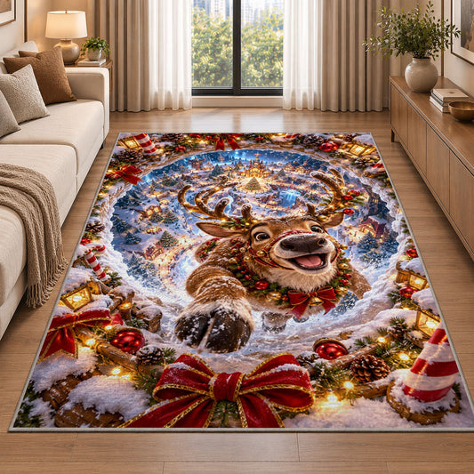 A smiling reindeer emerges from a blue snow spiral surrounded by golden lights and snowy branches; rug shown in a neutral entryway with size label