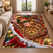 A smiling elf leans over a sweeping spiral of glowing toys and wrapped presents; rug shown in a neutral entryway with size label