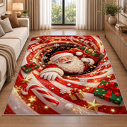 Santa peeks out of a sparkling candy cane spiral with a white-gloved hand resting in front; rug shown in a neutral entryway with size label