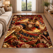 A decorative nutcracker soldier in an ornate red and blue uniform holds a golden sword within glowing spiral rings; rug shown in a neutral entryway with size label