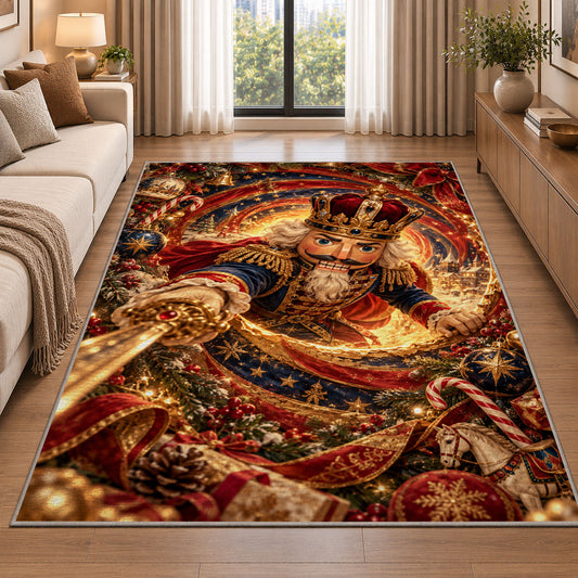 A decorative nutcracker soldier in an ornate red and blue uniform holds a golden sword within glowing spiral rings; rug shown in a neutral entryway with size label