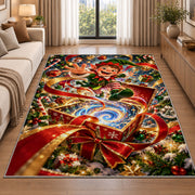 A cheerful elf rises above an open gift box spilling a blue and golden swirl; rug shown in a neutral entryway with size label
