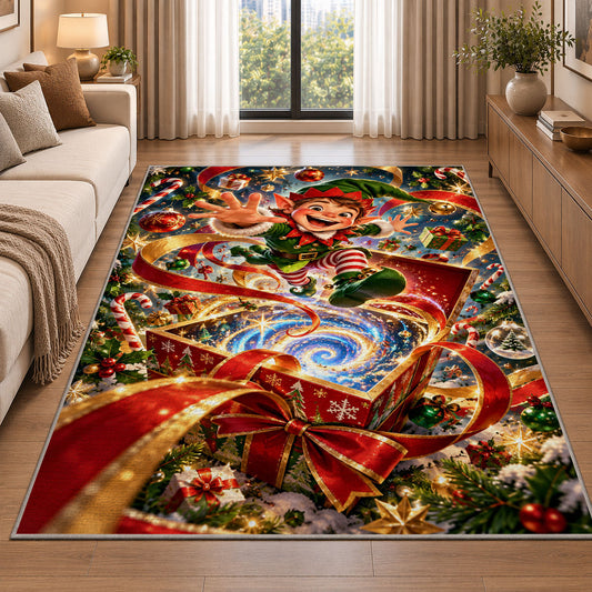 A cheerful elf rises above an open gift box spilling a blue and golden swirl; rug shown in a neutral entryway with size label
