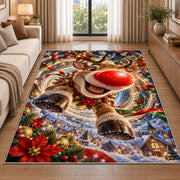 A playful reindeer with a bright red nose leaps forward above a snowy blue village; rug shown in a neutral entryway with size label