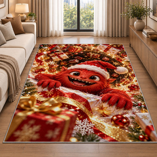 A friendly red furry monster wearing a Santa hat reaches through a glowing spiral of presents; rug shown in a neutral entryway with size label