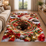 Santa appears above a deep red and green spiral edged with glowing golden lights; rug shown in a neutral entryway with size label