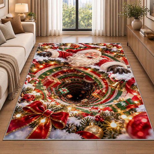 Santa appears above a deep red and green spiral edged with glowing golden lights; rug shown in a neutral entryway with size label