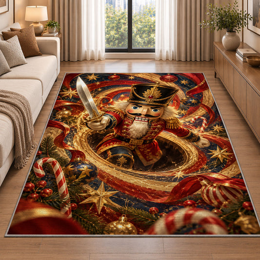 A red-uniformed nutcracker soldier holds a shining sword as it emerges from a golden spiral; rug shown in a neutral entryway with size label