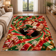 A smiling elf clutches a wrapped present while sitting inside a red and green spiral; rug shown in a neutral entryway with size label