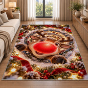 A cheerful reindeer with a large red nose peeks through snowy rings of golden lights; rug shown in a neutral entryway with size label