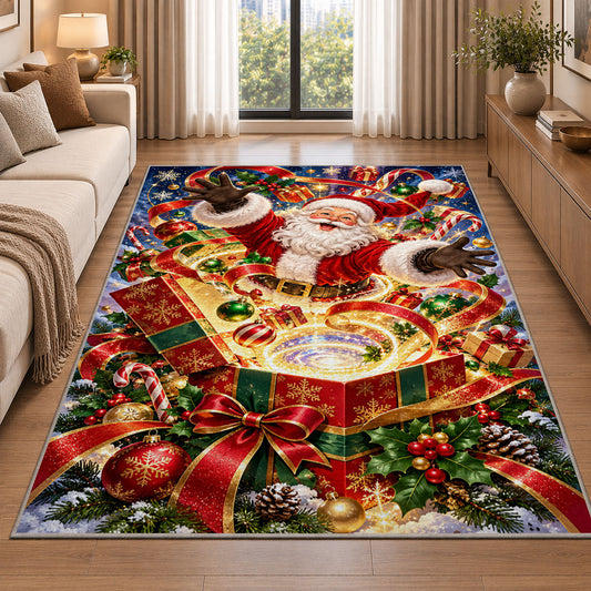 Santa rises above an open present filled with glowing golden spiral rings; rug shown in a neutral entryway with size label