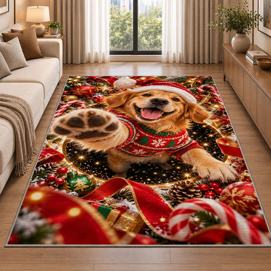 A happy golden puppy in a Santa hat and red sweater raises a soft paw toward the viewer; rug shown in a neutral entryway with size label