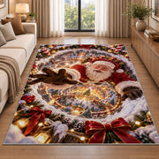 Santa reaches forward over a golden-lit winter village encircled by swirling snow; rug shown in a neutral entryway with size label