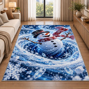 A smiling snowman in a black top hat and flowing red scarf stands within swirling snow; rug shown in a neutral entryway with size label