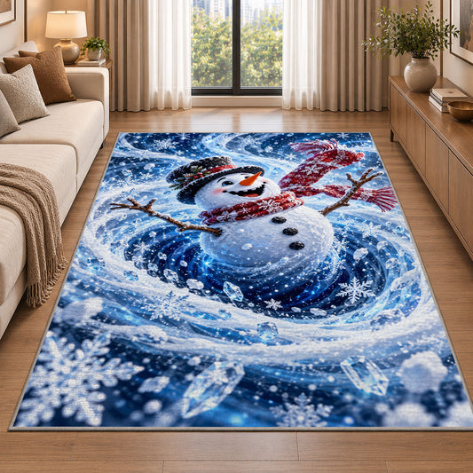 A smiling snowman in a black top hat and flowing red scarf stands within swirling snow; rug shown in a neutral entryway with size label