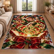 A smiling elf appears above a glowing gift box filled with green and golden swirls; rug shown in a neutral entryway with size label