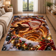 Santa Golden Tunnel Christmas Rug beside a sofa in a bright living room
